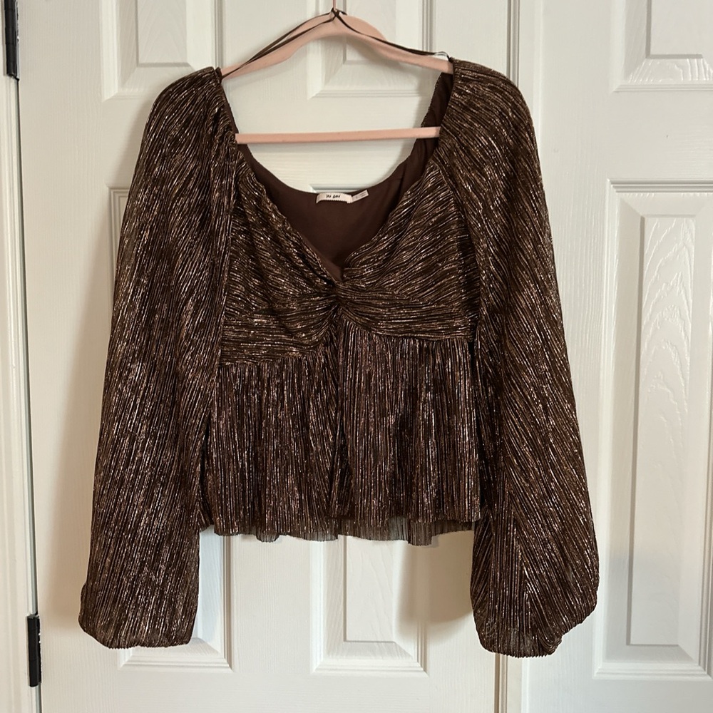 Francesca's Collections Metallic Brown Peplum Long-Sleeve Top